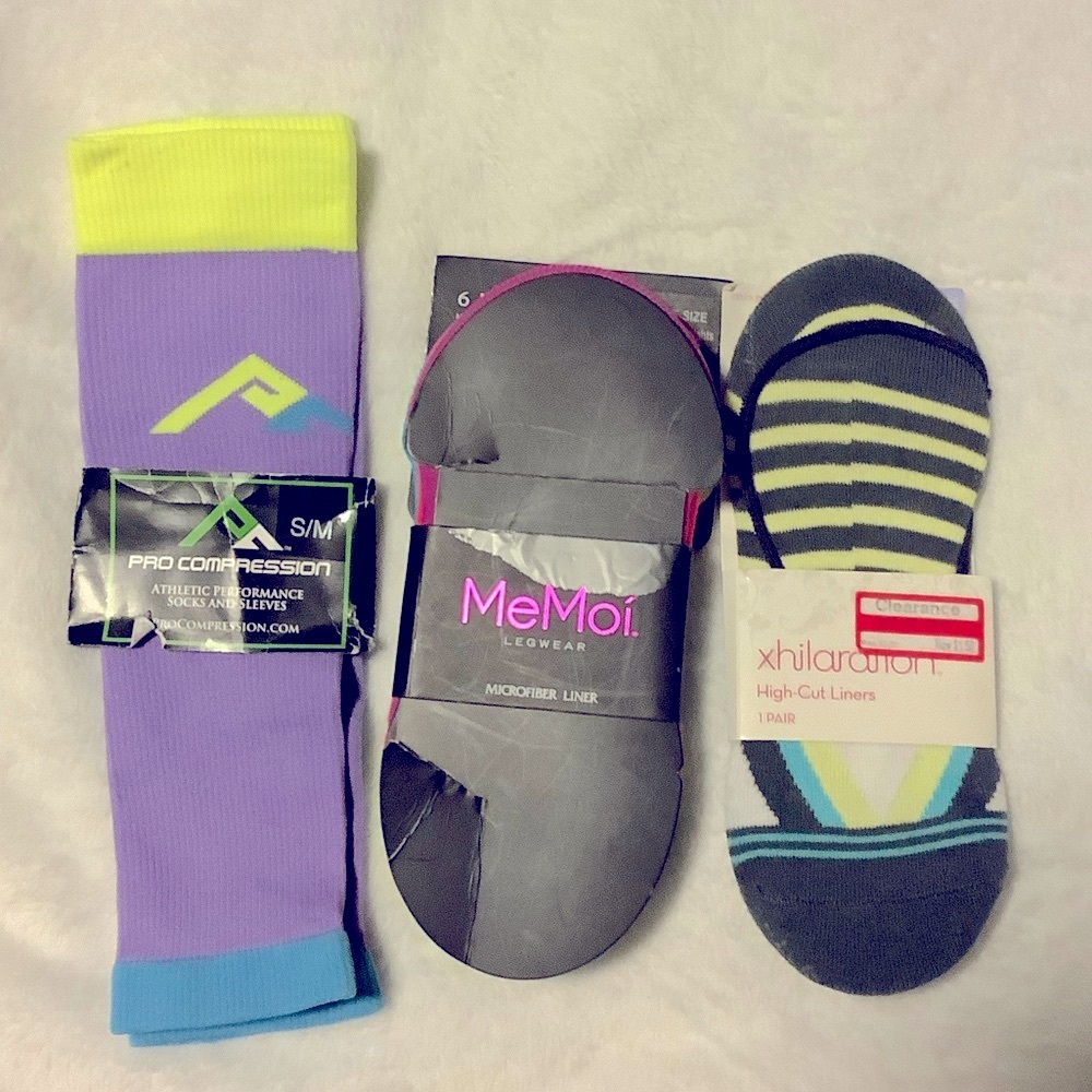 Liner Socks and Purple and Blue compression sleeve